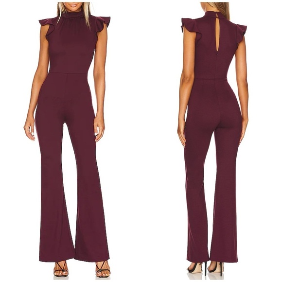 Amanda Uprichard Davina Ruffle Mock Neck Flare Jumpsuit Merlot Burgundy Sz XS - Picture 1 of 12